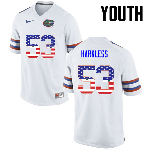 Youth Florida Gators #53 Kavaris Harkless College Football USA Flag Fashion Jerseys-White